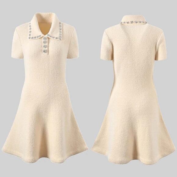 Sierra Darien Elegant Ivory Soft Knit Mini Dress with Crystal Embellished Collar - Picture 2 of 16